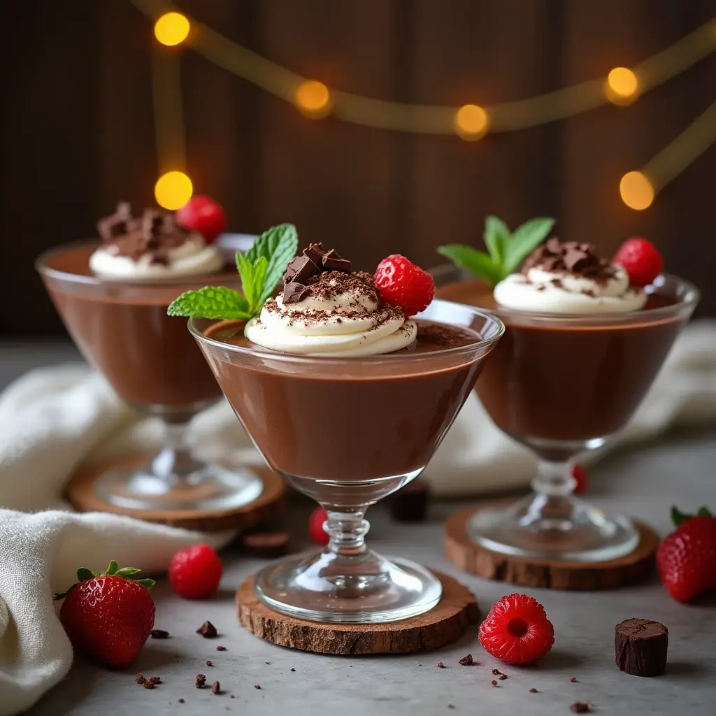 Luxurious chocolate mousse topped with whipped cream, chocolate shavings, and fresh berries in elegant glass cups