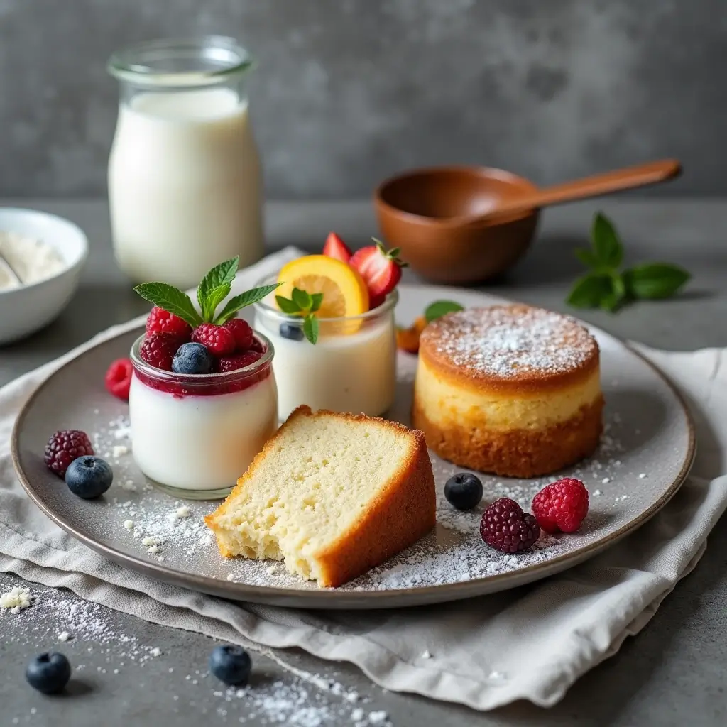 Three delicious sour milk desserts beautifully displayed.