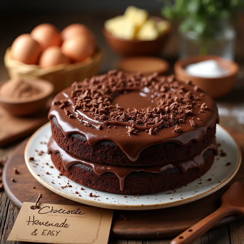 Ingredients for an easy chocolate cake recipe on a wooden countertop