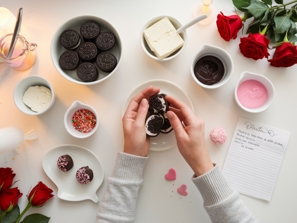 Oreo truffle coated in chocolate with a hint of Oreo crumbs on top.